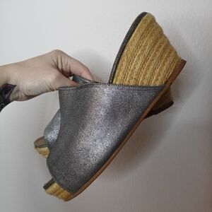 Eric Michael Leather Silver Espadrille Wedge Sandals